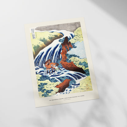a picture of a waterfall with animals in it