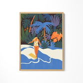 a painting of a woman walking on a beach