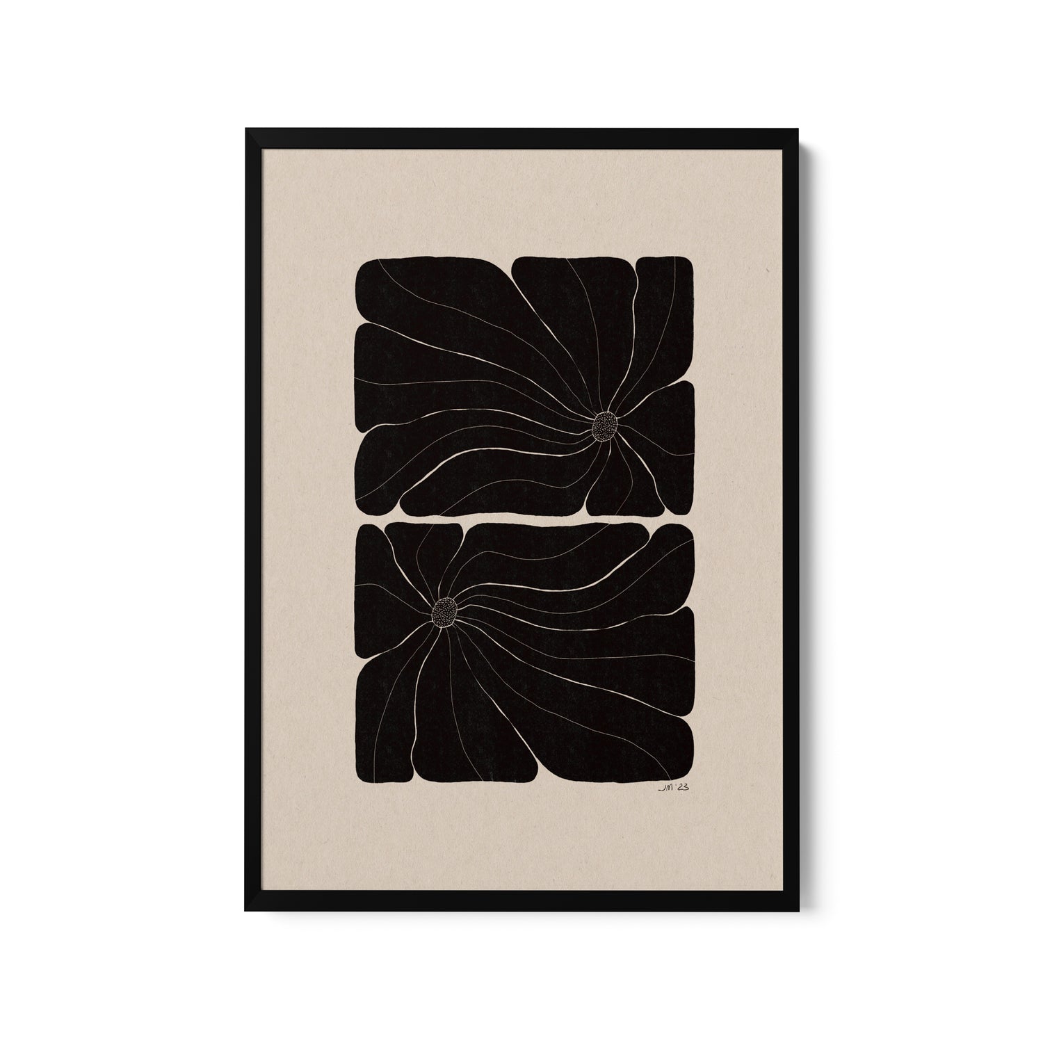 a black and white print with a flower on it