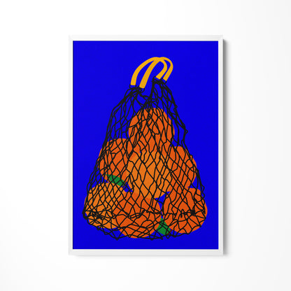 a picture of a bag of oranges on a blue background