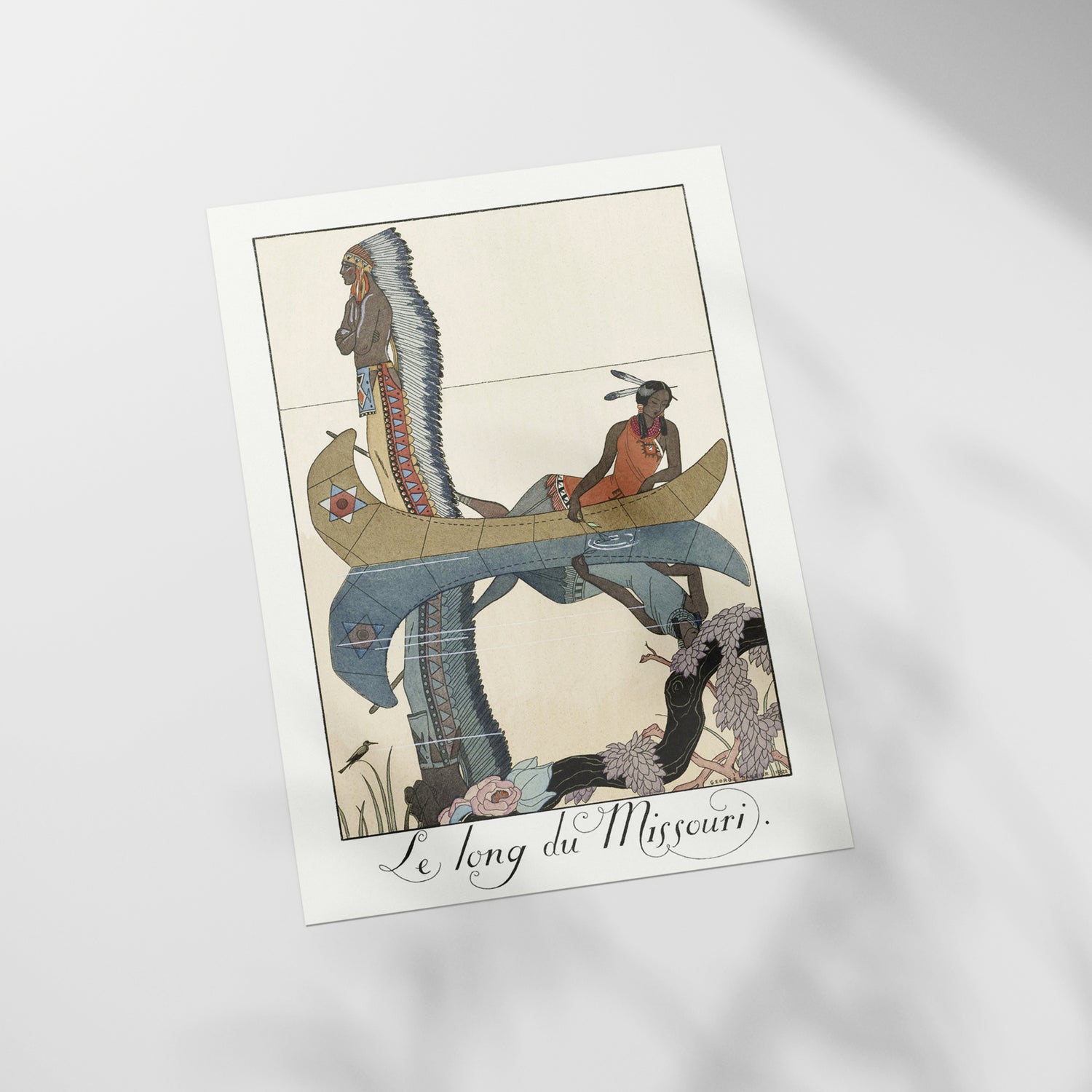 a card with a picture of a man on a boat