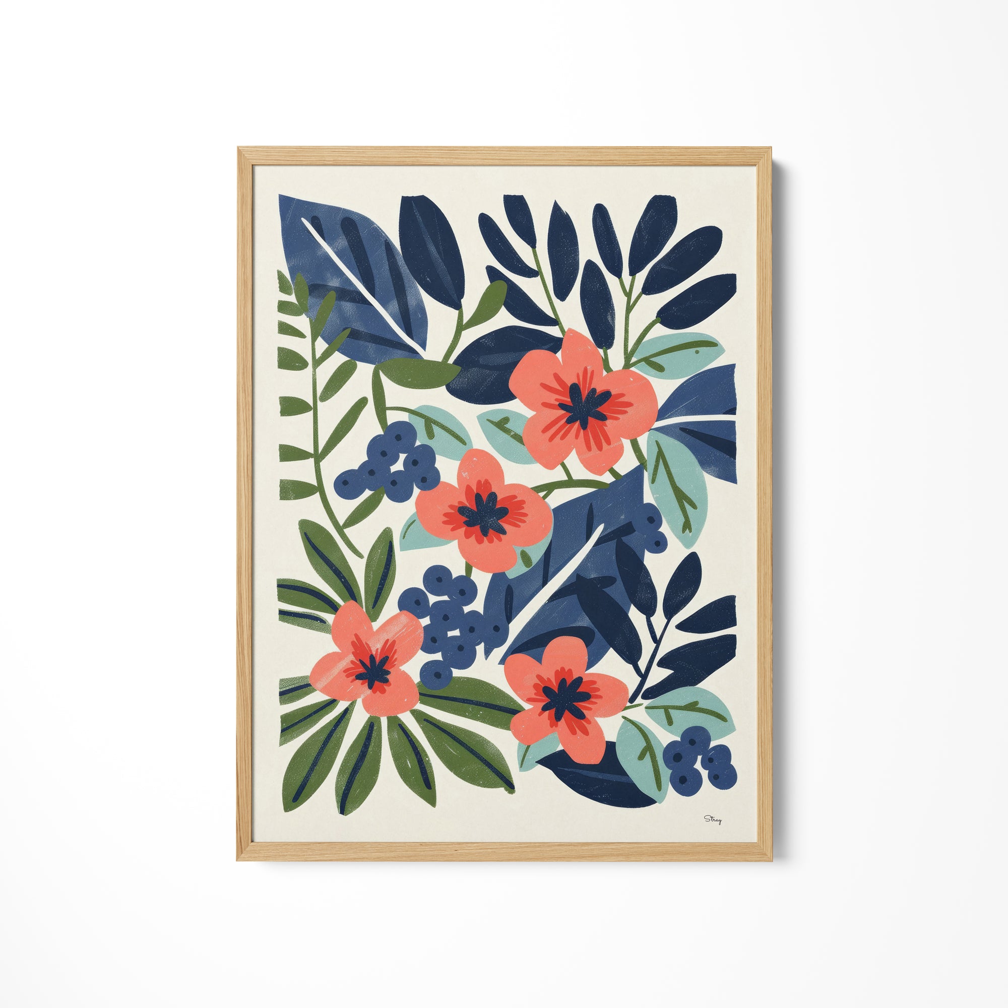 a painting of flowers and leaves on a white wall