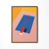 a painting of a blue pool with a red chair