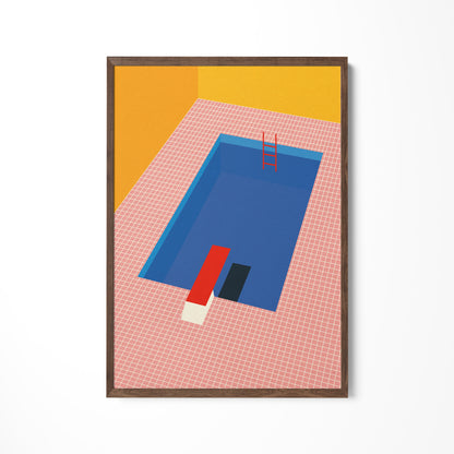 a painting of a blue pool with a red chair