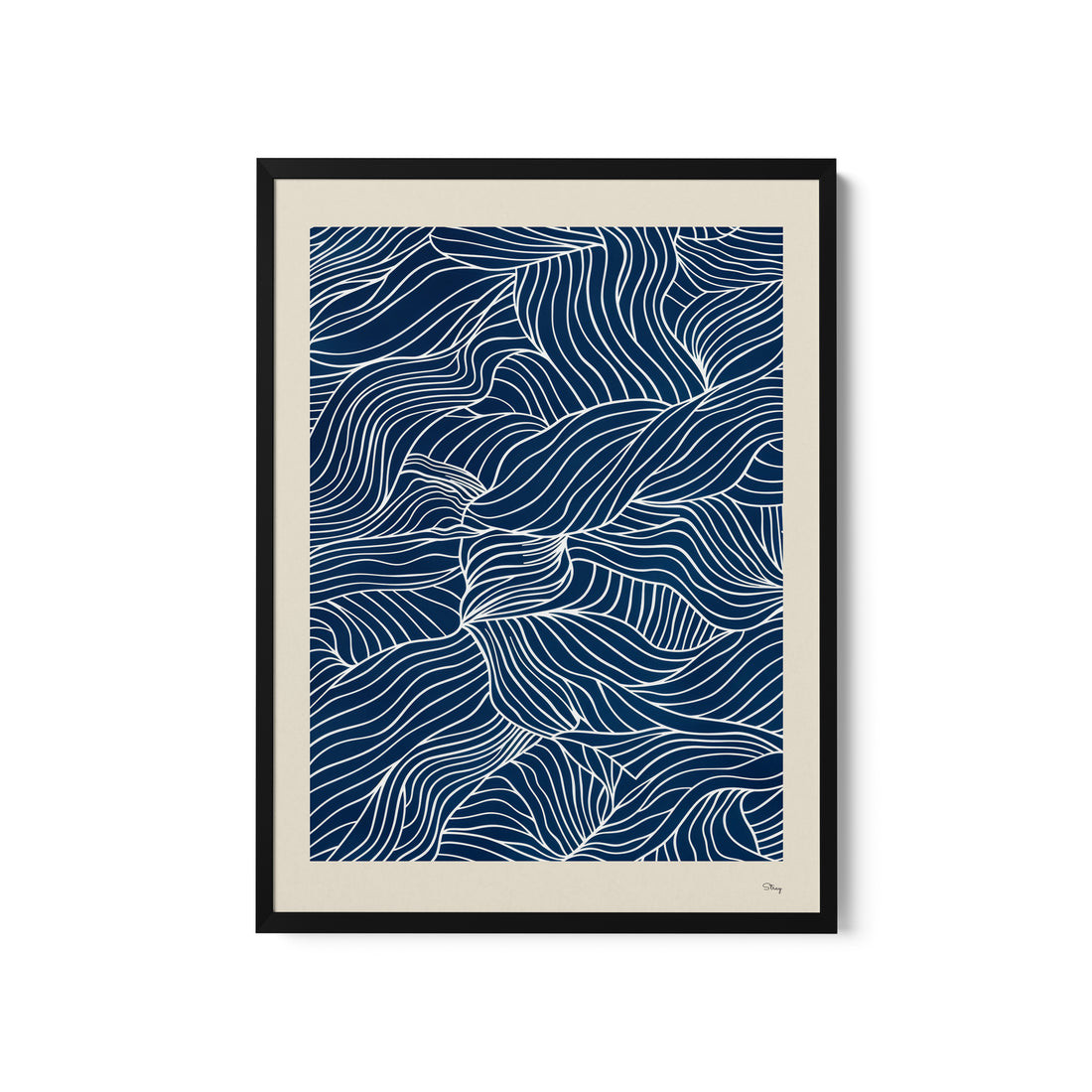 a blue and white print with wavy lines
