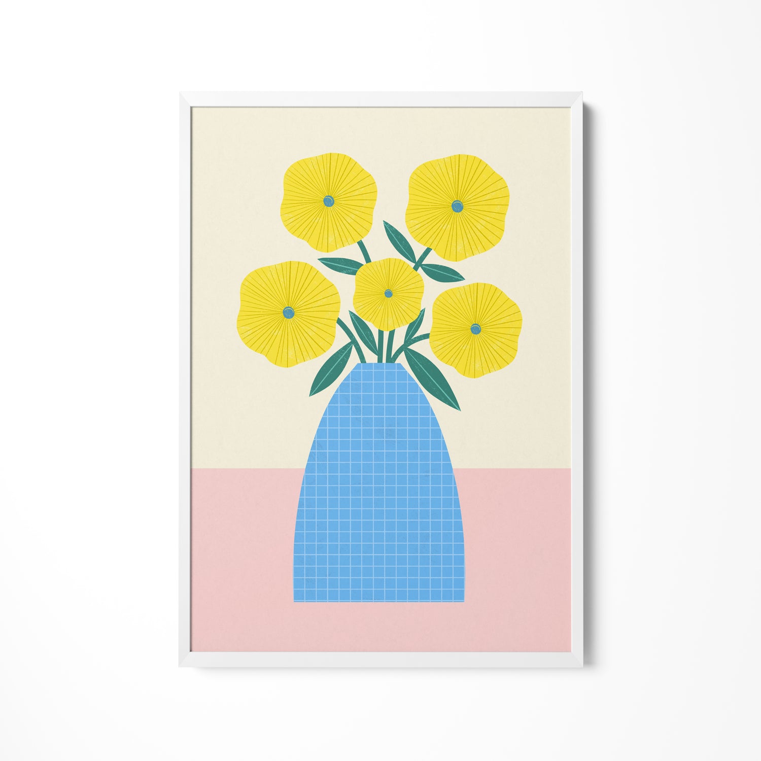 a painting of yellow flowers in a blue vase