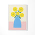 a painting of yellow flowers in a blue vase