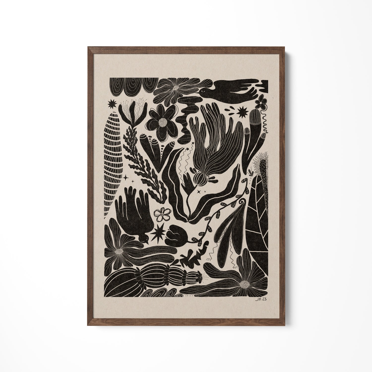a black and white drawing of flowers and plants