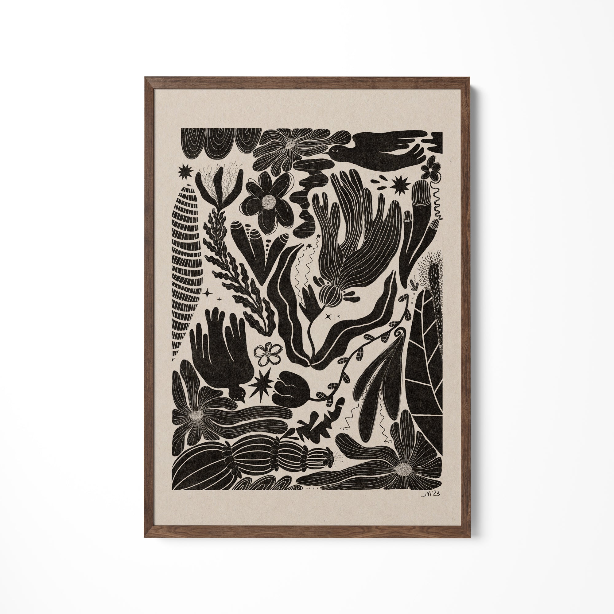 a black and white drawing of flowers and plants