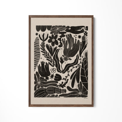 a black and white drawing of flowers and plants
