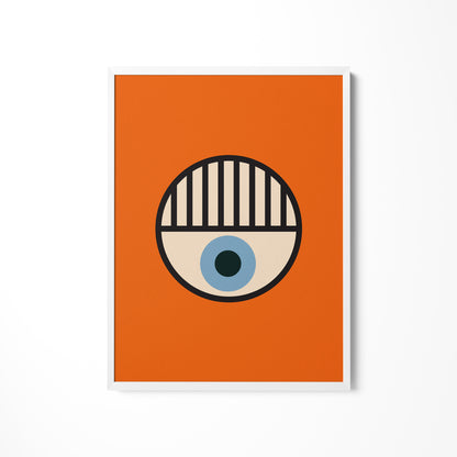 an orange square with a blue eye on it