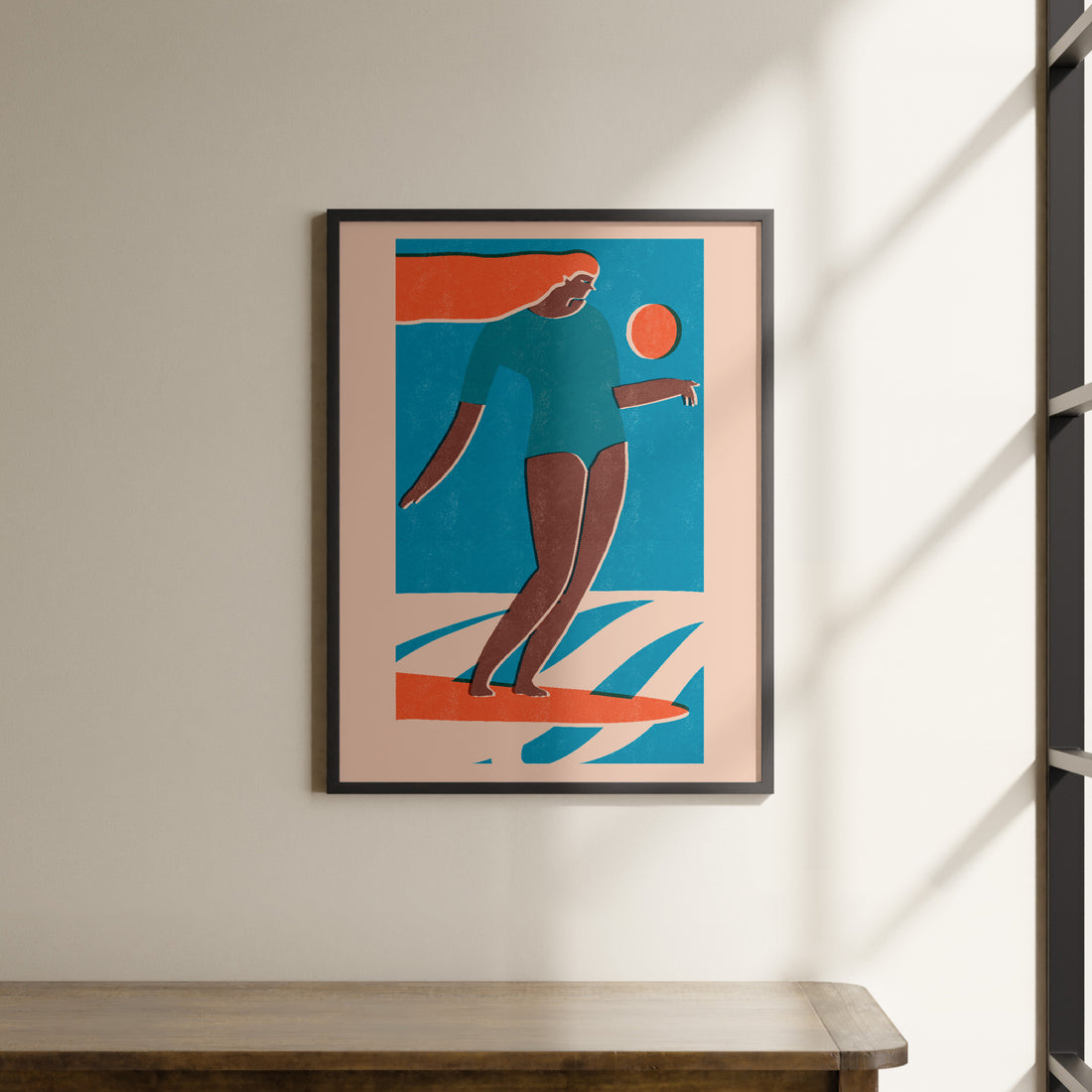 a picture of a person on a surfboard in a room