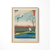 a painting of a crane flying over a body of water