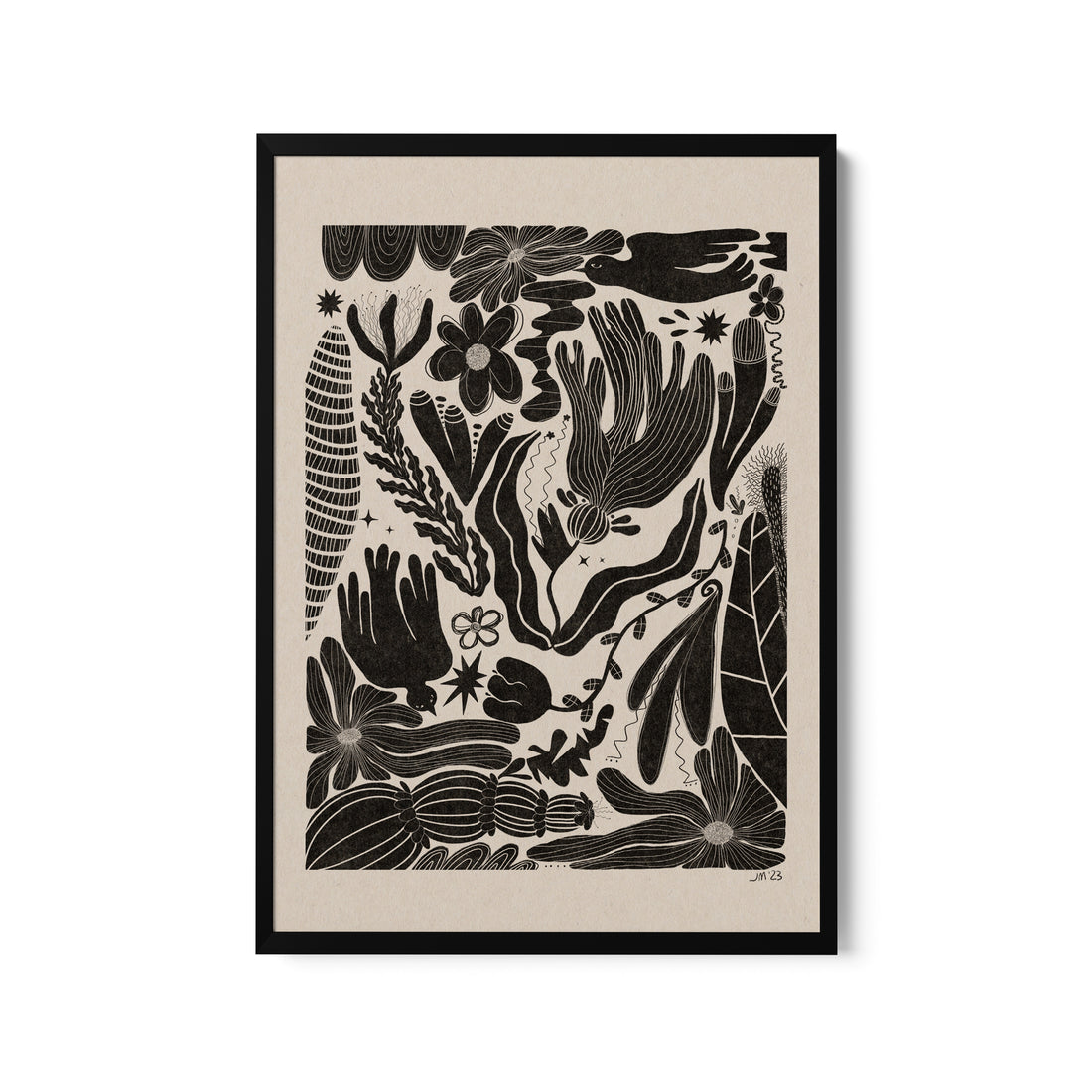 a black and white print of flowers and leaves