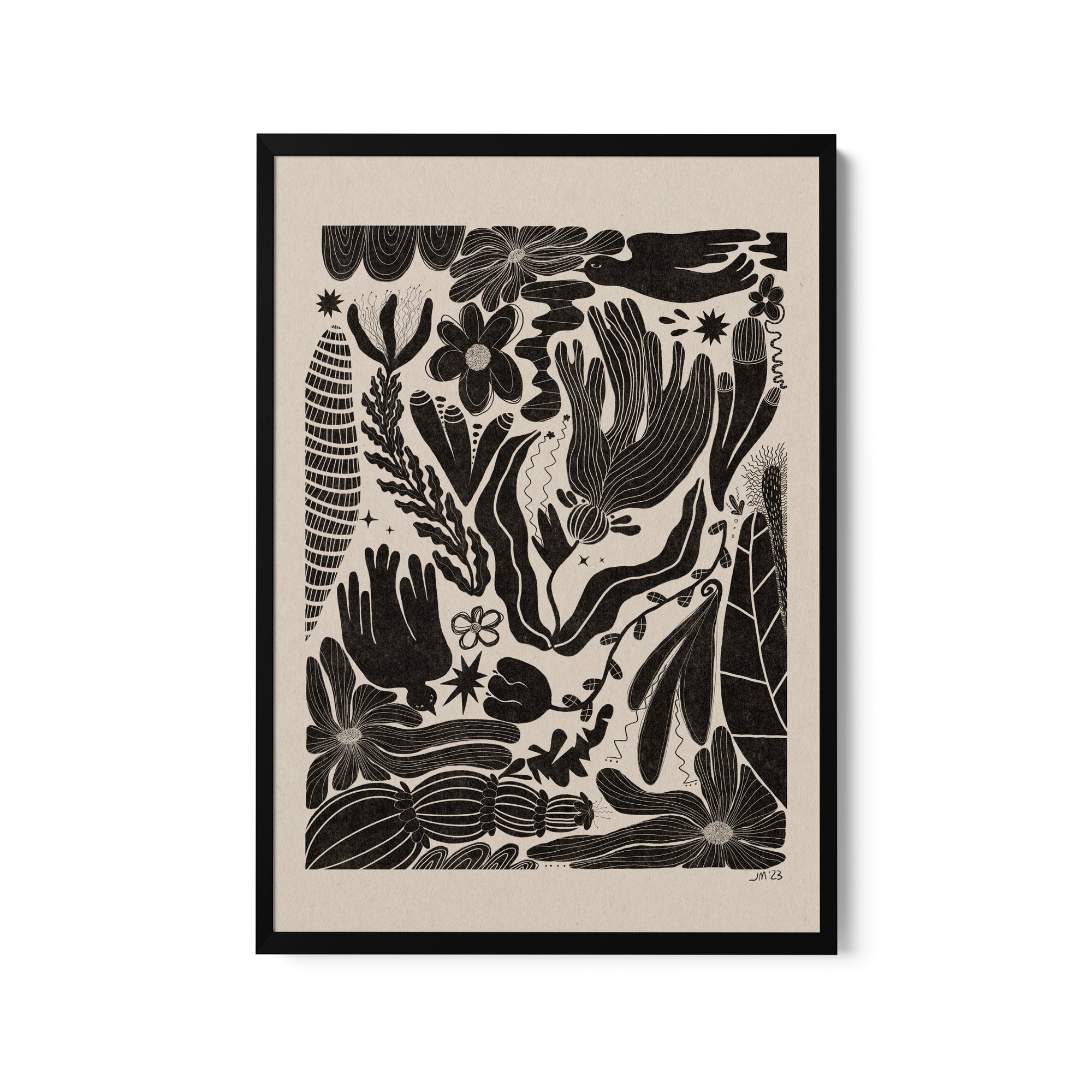 a black and white print of flowers and leaves
