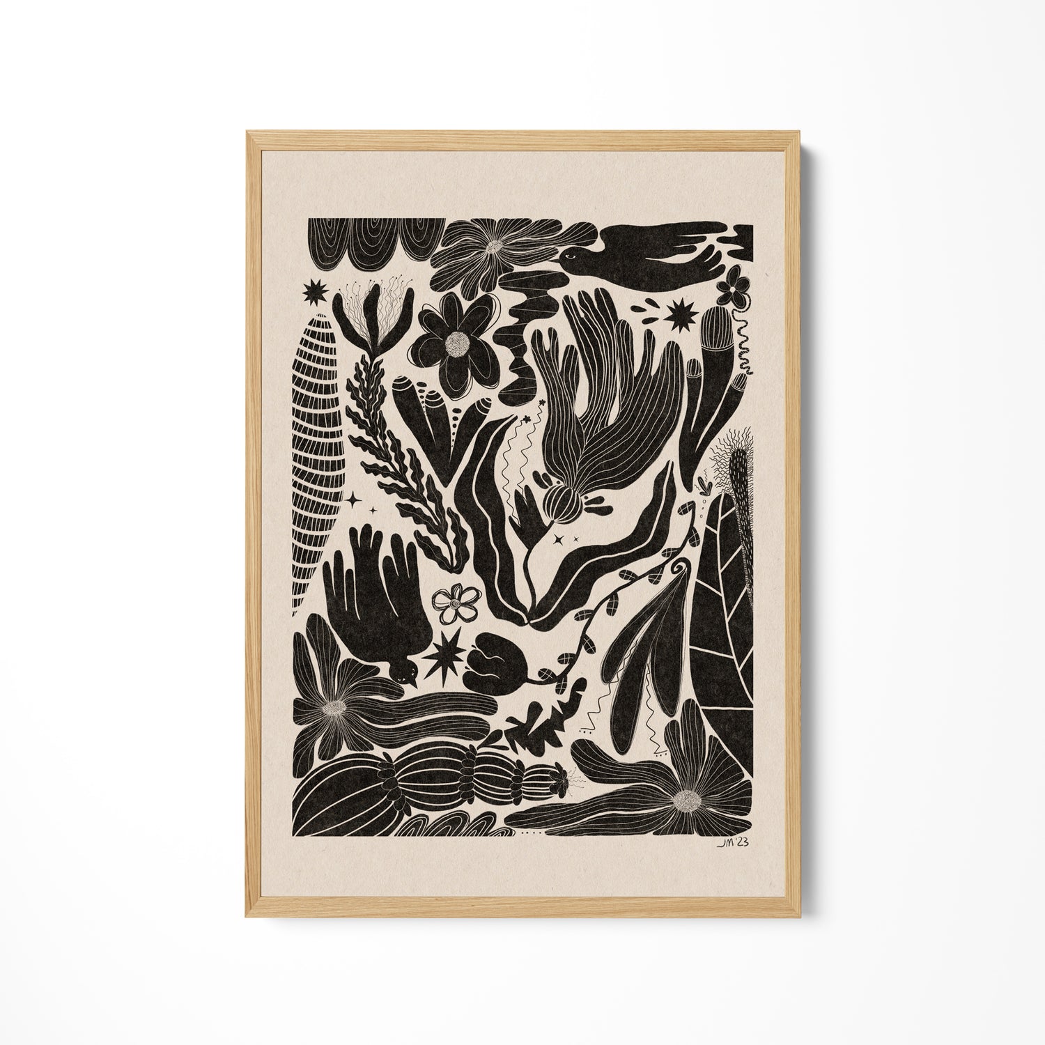 a black and white drawing of flowers and plants