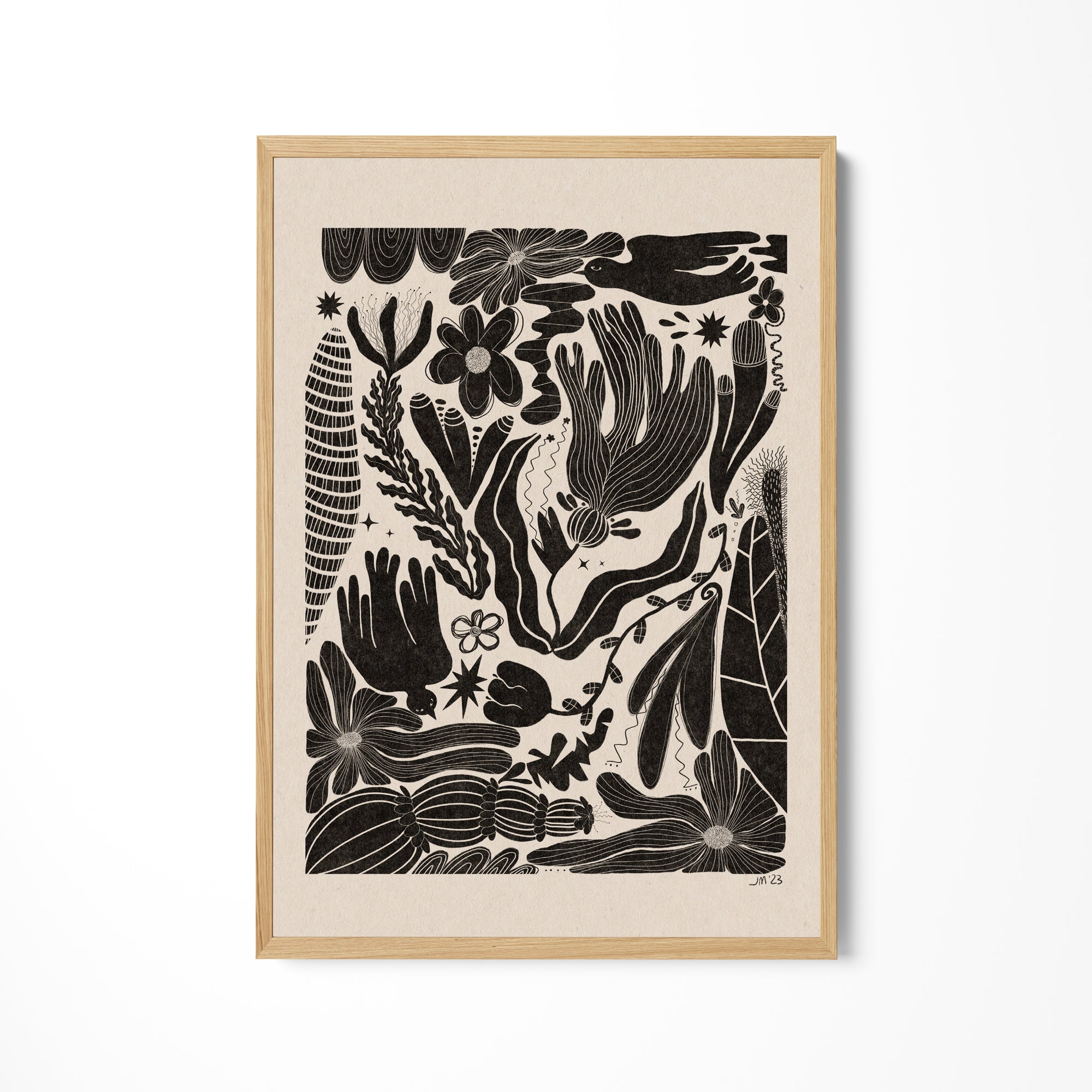 a black and white drawing of flowers and plants