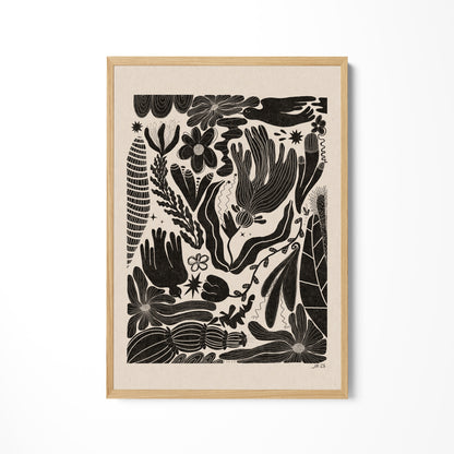a black and white drawing of flowers and plants