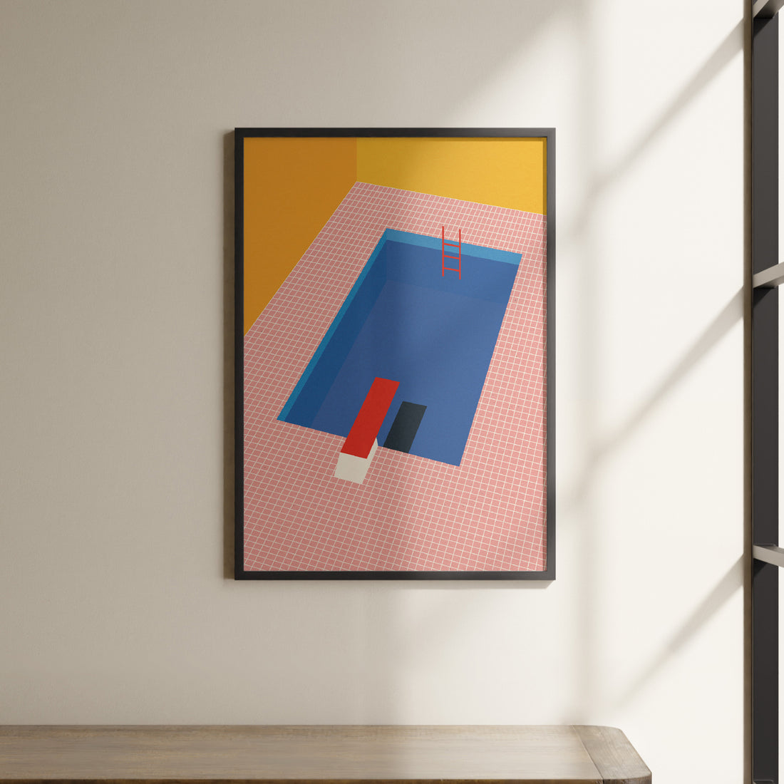 a painting hanging on a wall next to a shelf