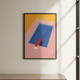 a painting hanging on a wall next to a shelf