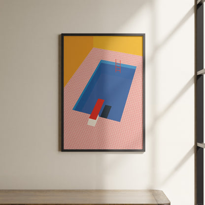 a painting hanging on a wall next to a shelf