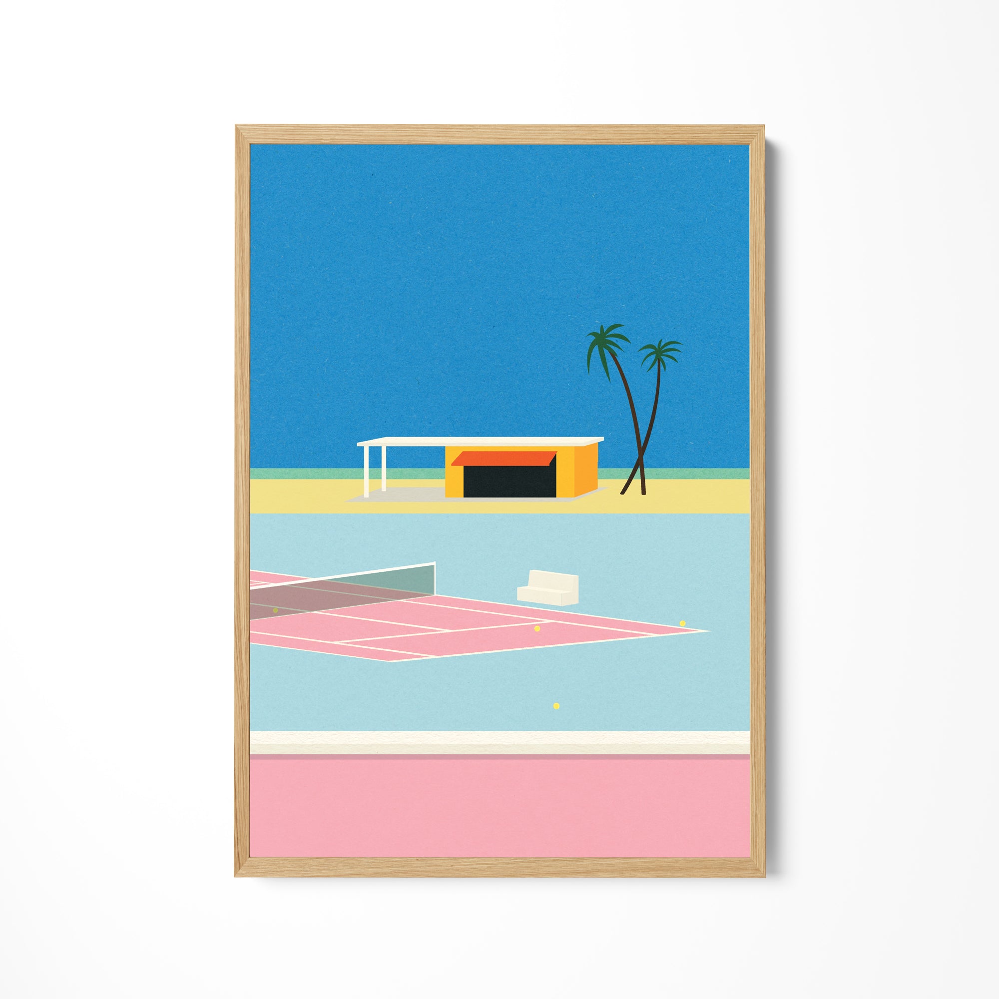 a picture of a tennis court and a palm tree
