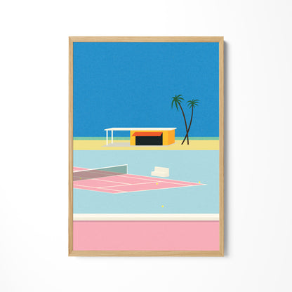 a picture of a tennis court and a palm tree