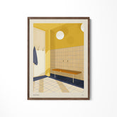 a picture of a yellow bathroom with a bench