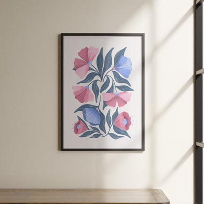 a picture hanging on a wall above a shelf