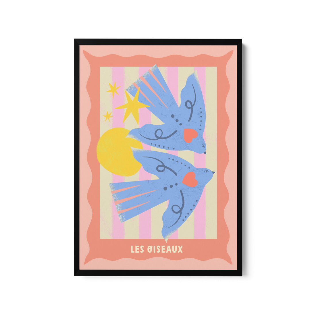 a painting of two birds flying over a sun