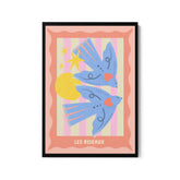 a painting of two birds flying over a sun