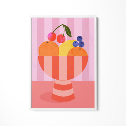 a painting of a bowl of fruit on a pink background