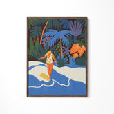 a painting of a woman walking on a beach