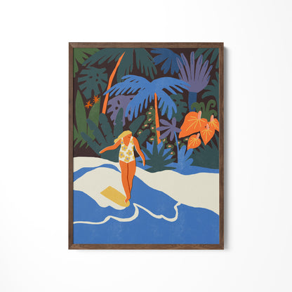 a painting of a woman walking on a beach