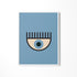 a picture of a blue eye with a black dot on it