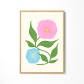 a pink and blue flower on a white background