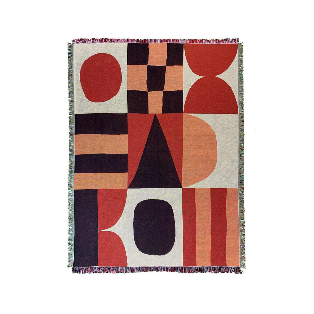 a red, black, and white rug with a design on it