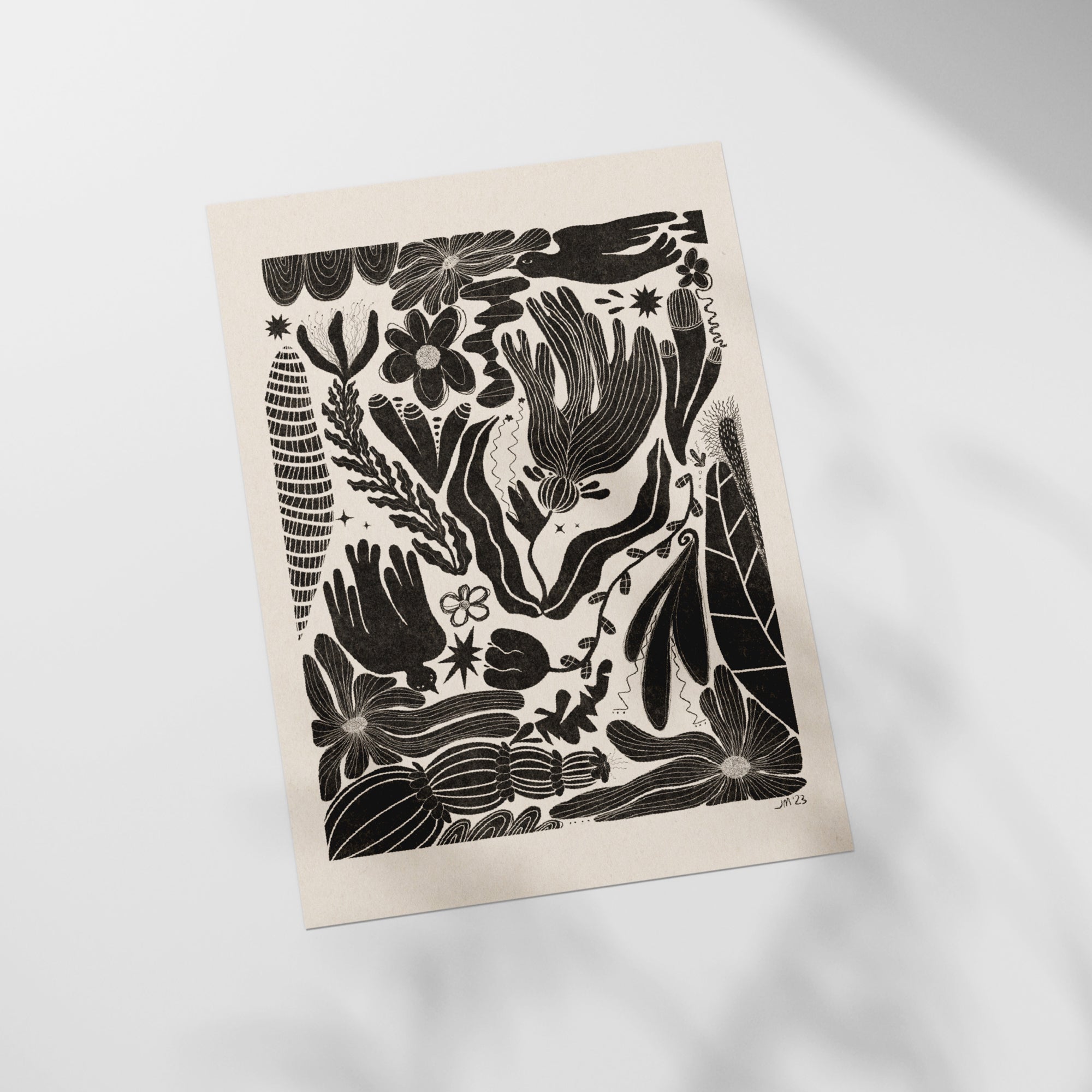 a black and white drawing of flowers and plants