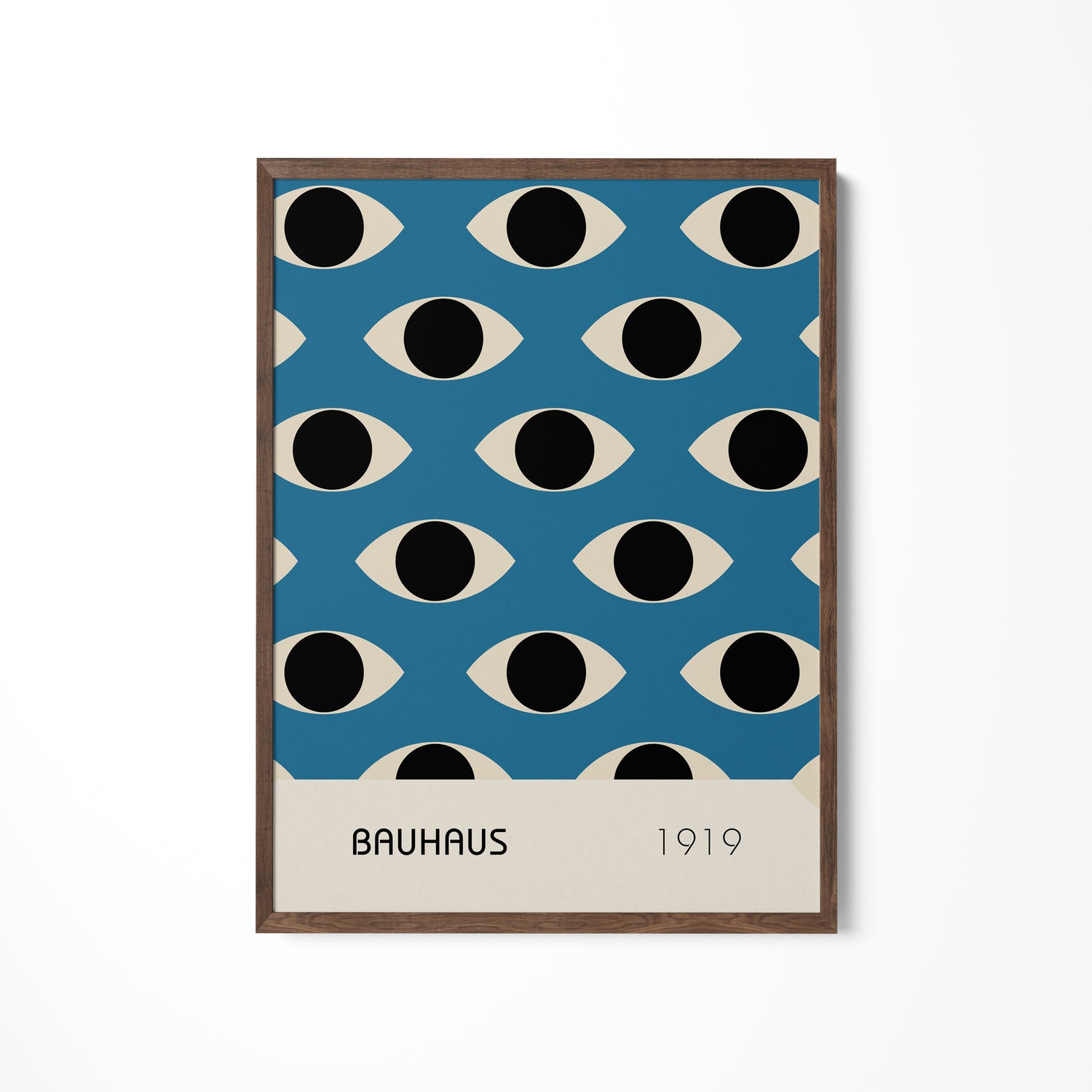 a blue poster with black and white circles on it