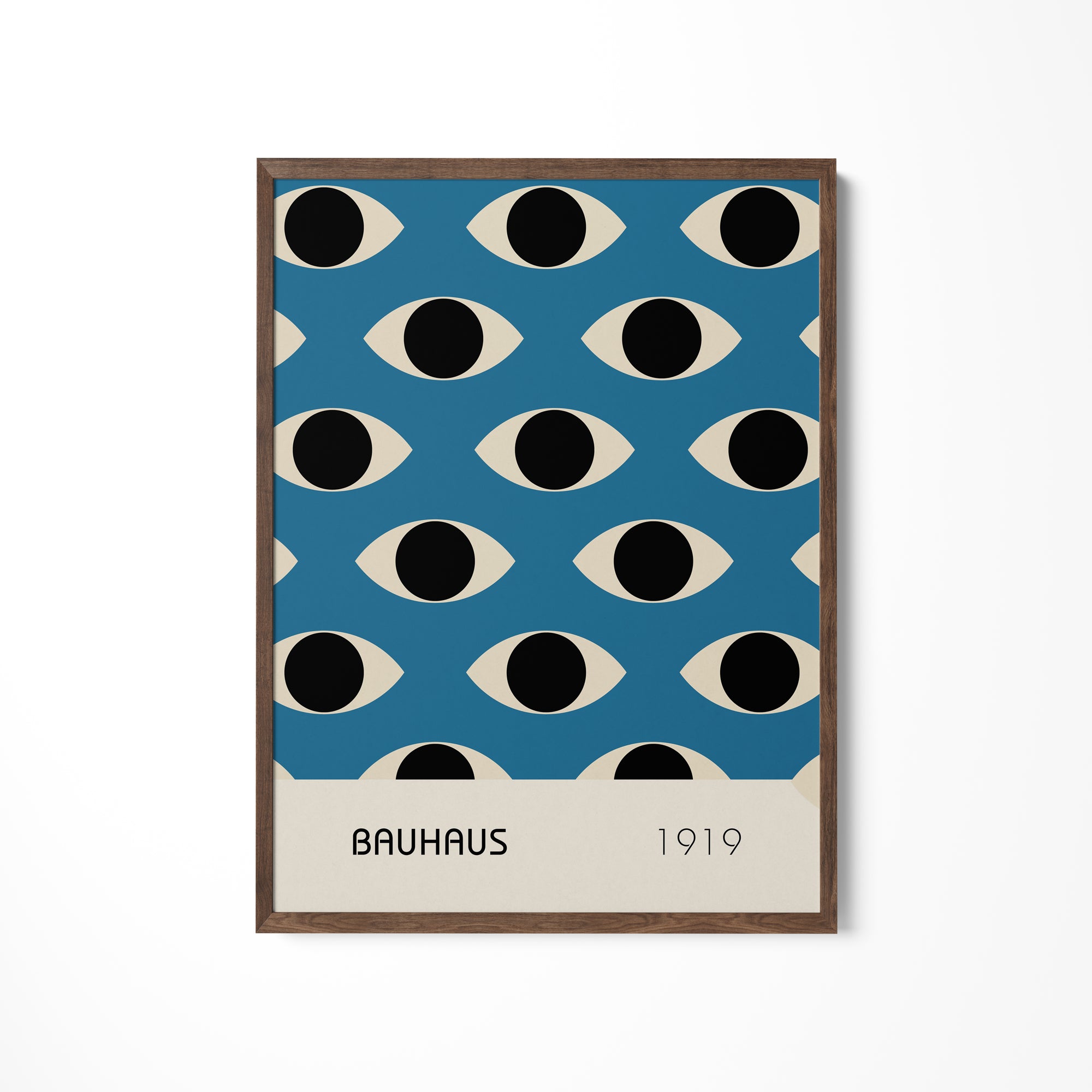 a blue poster with black and white circles on it