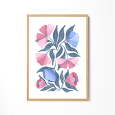 a picture of a pink and blue flower on a white wall