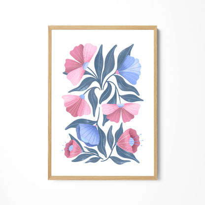 a picture of a pink and blue flower on a white wall