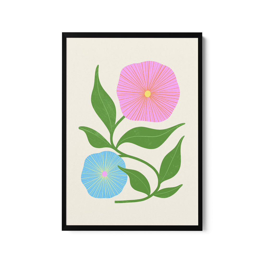 a pink flower with green leaves on a white background