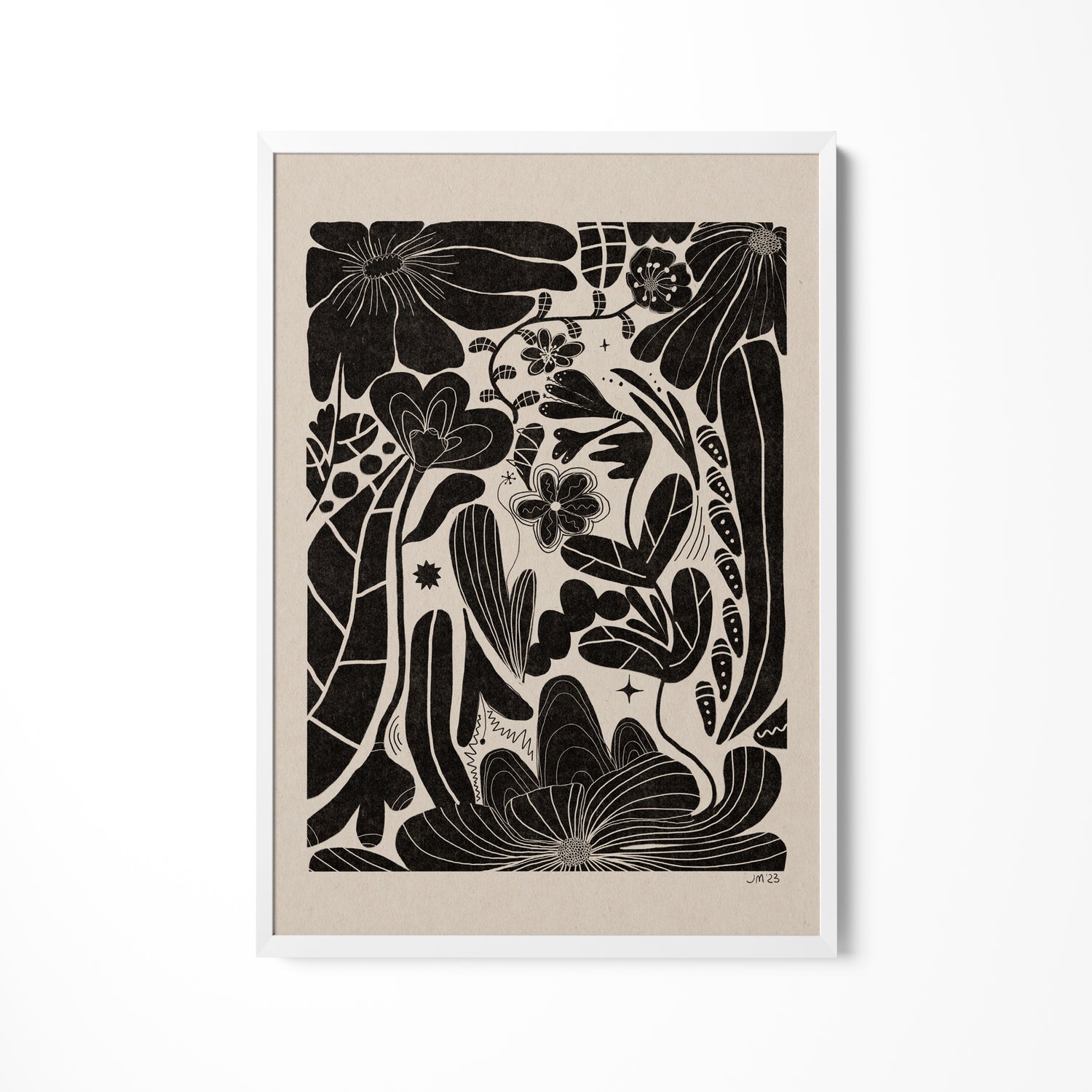 a black and white drawing of flowers and plants
