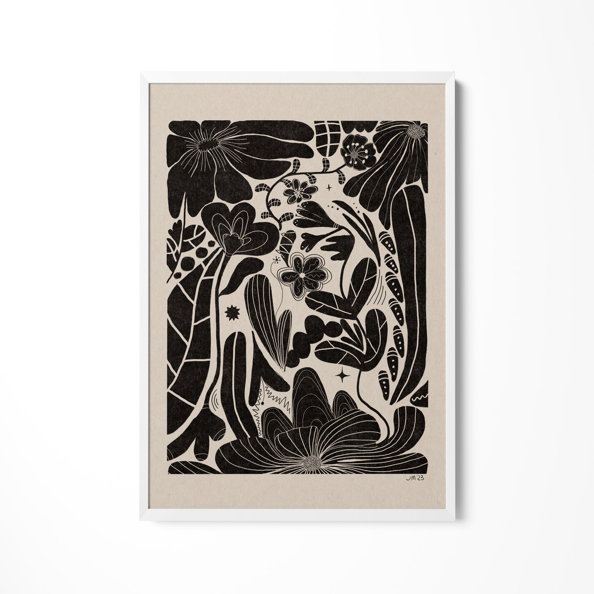 a black and white drawing of flowers and plants