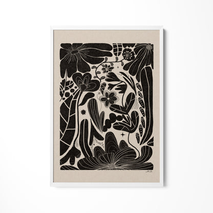 a black and white drawing of flowers and plants