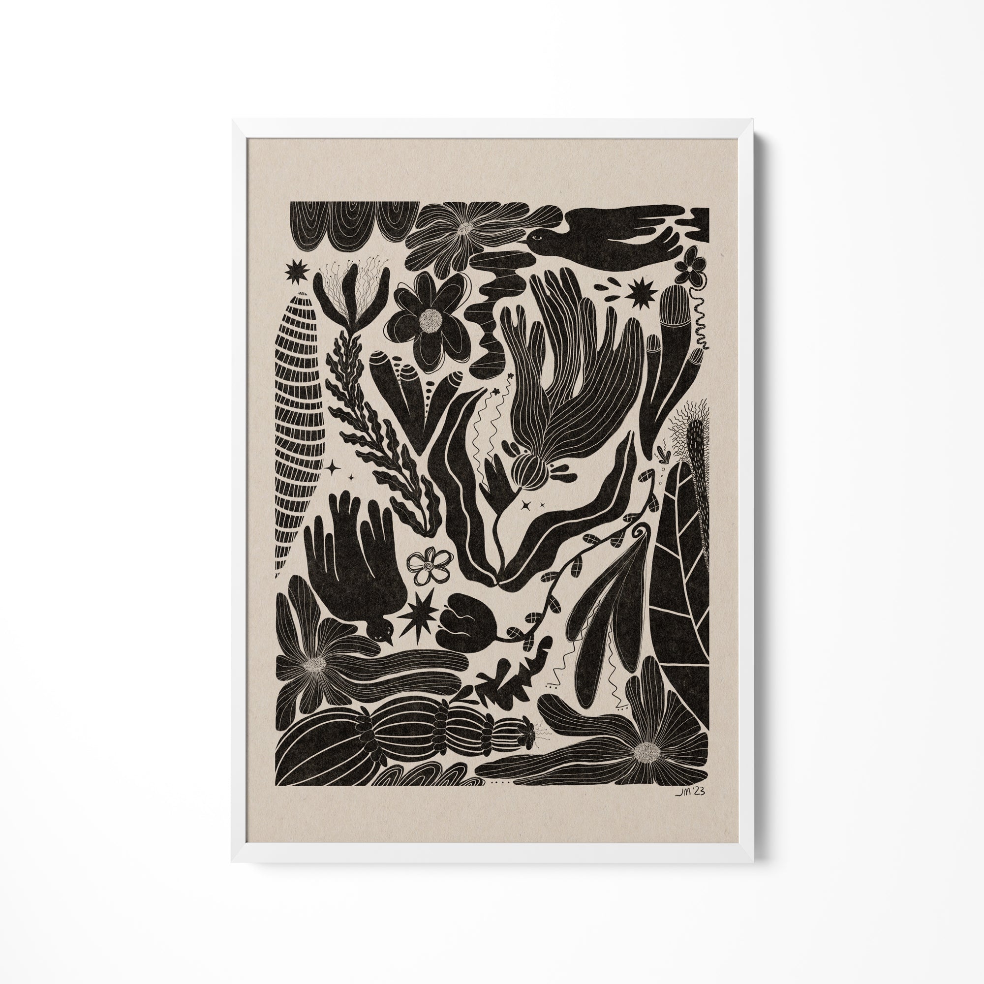 a black and white drawing of flowers and leaves