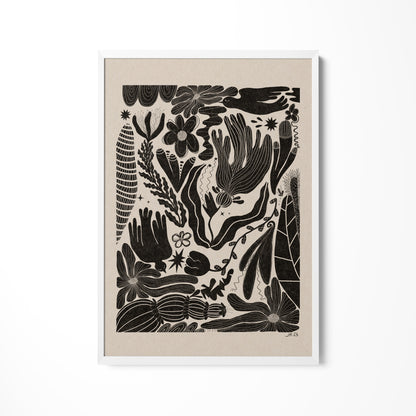 a black and white drawing of flowers and leaves