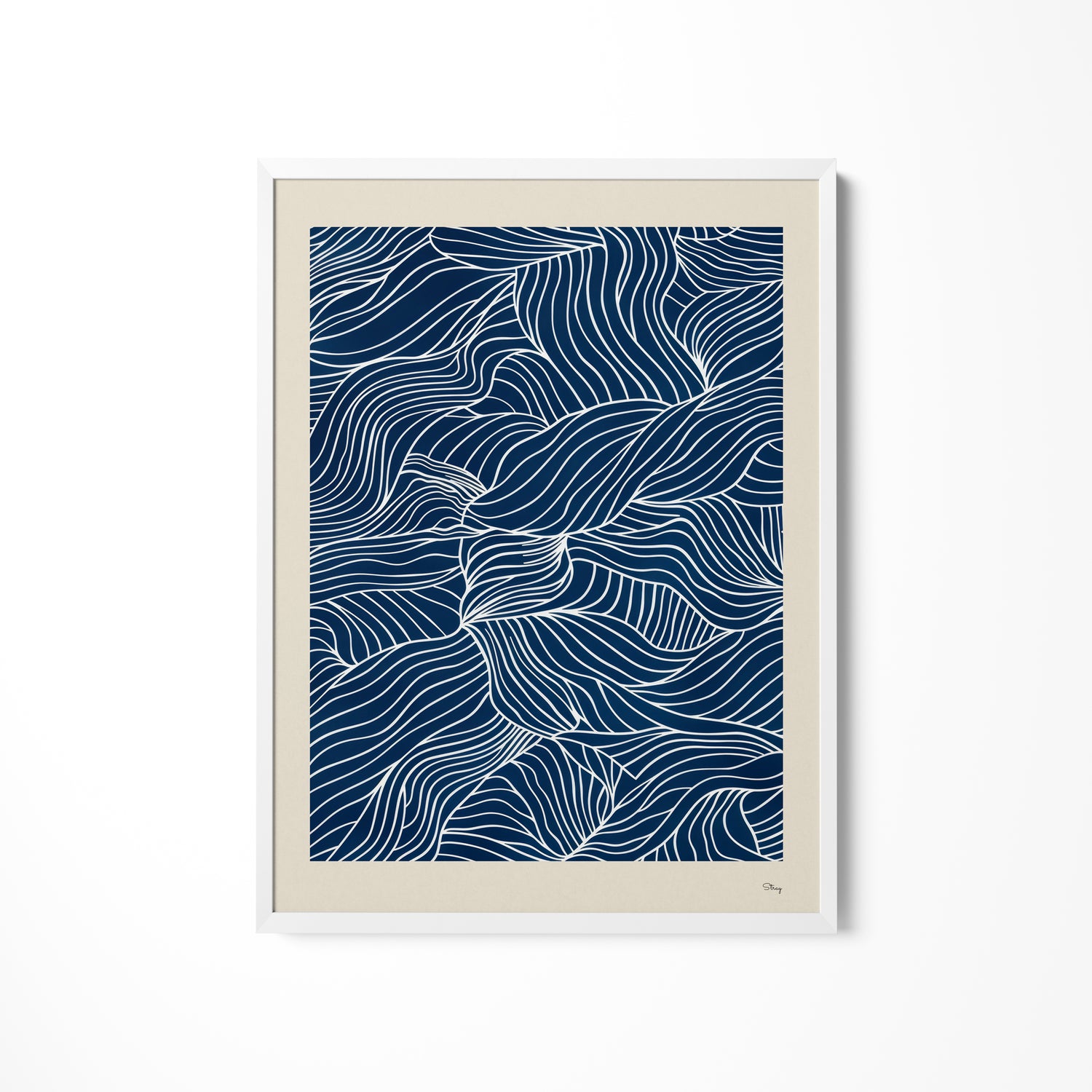 a blue and white print with wavy lines