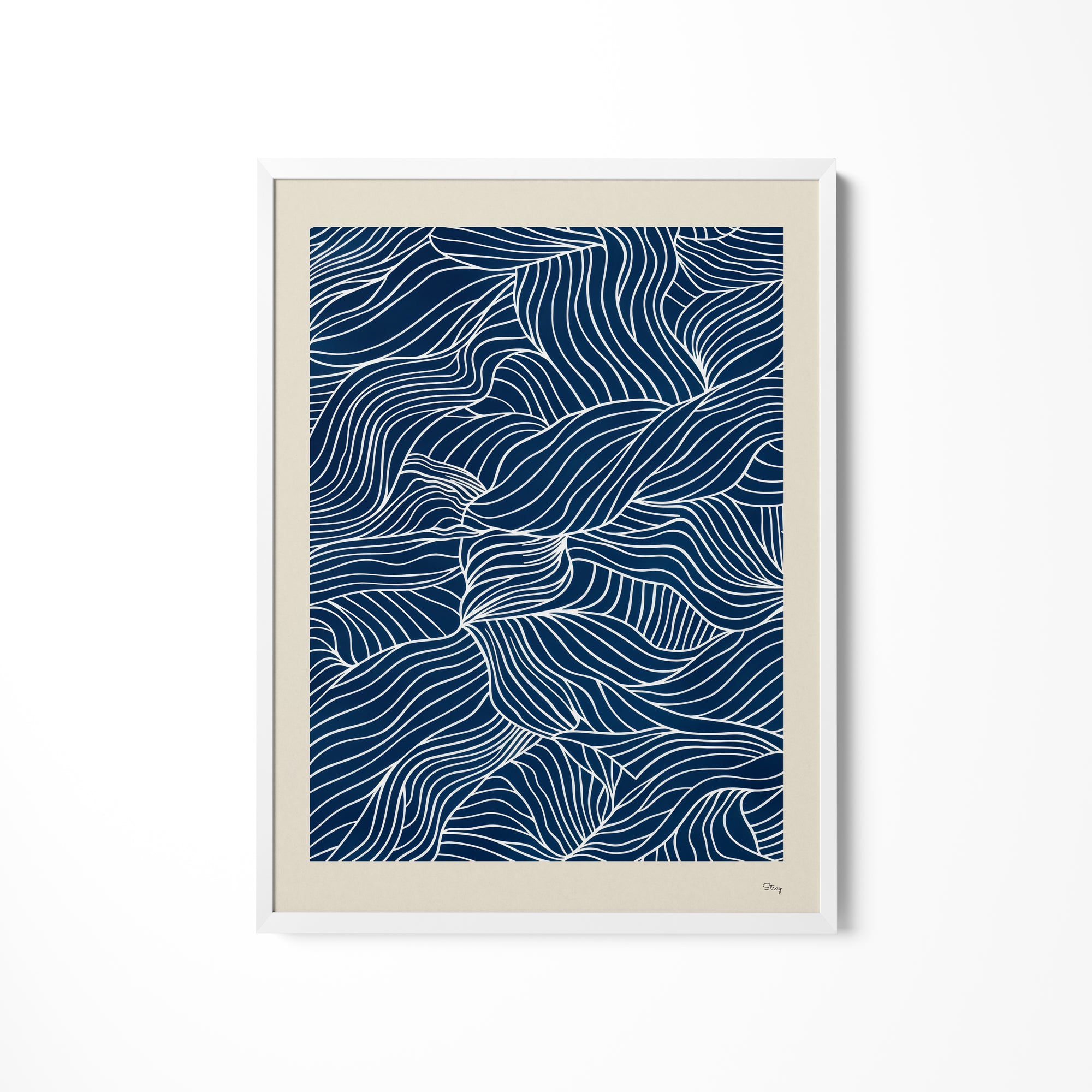 a blue and white print with wavy lines
